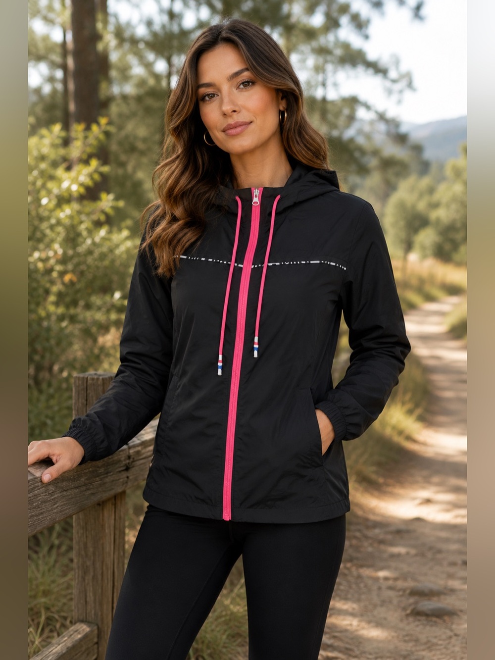 🩷. 1596. Black Windbreaker Jacket with Pink Accents